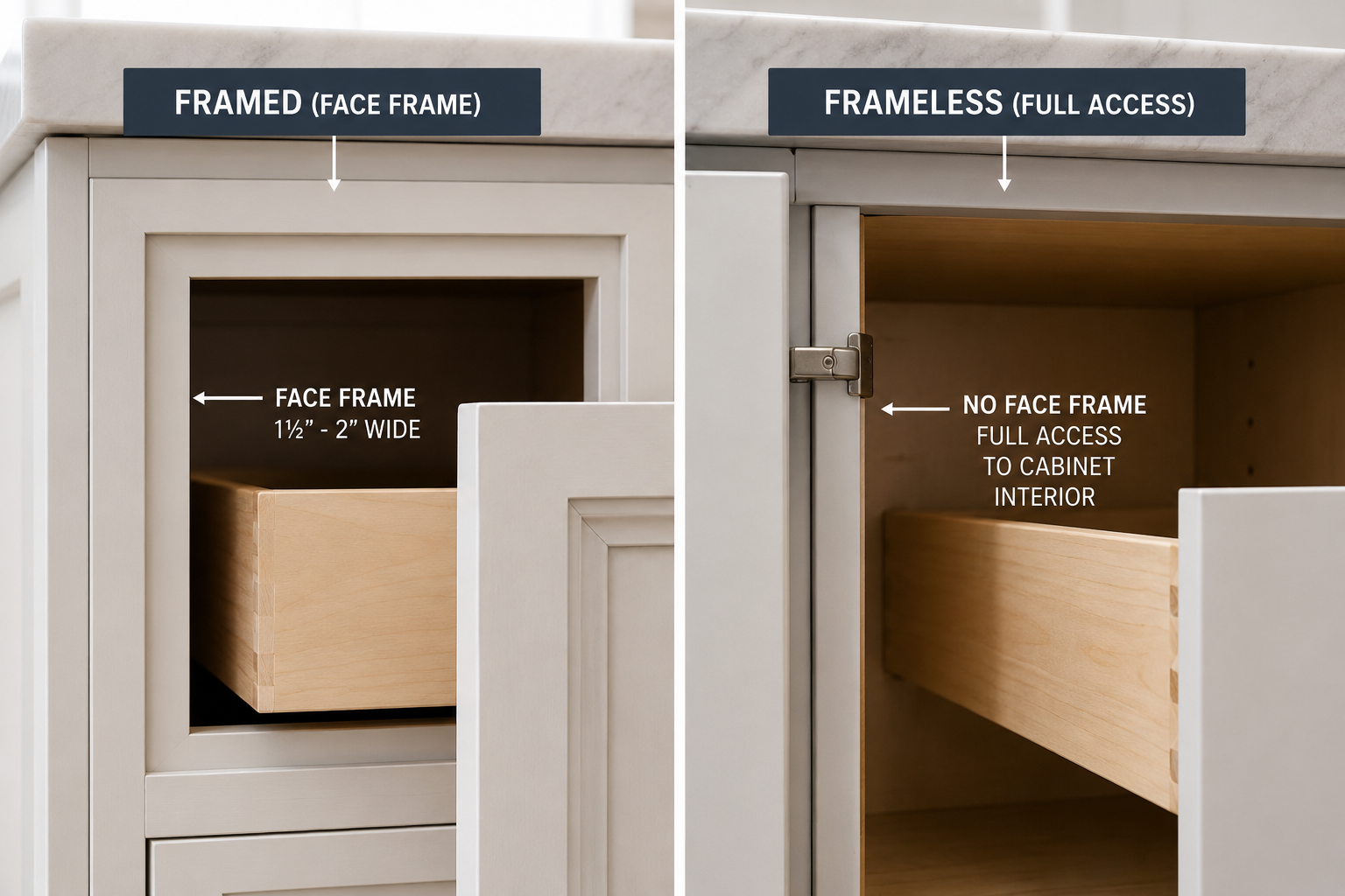 Framed vs frameless kitchen cabinet construction comparison — CabinetsASAP